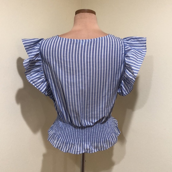 SOLD Madewell Flutter Sleeve Top Size XS Blue White Striped Ruffle Peplum Hem - Picture 4 of 8